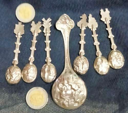 6 Salt Spoons +1 Sugar Spoon Silver Plated Raised embossed DUTCH Publican Scenes