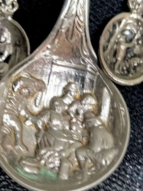 6 Salt Spoons +1 Sugar Spoon Silver Plated Raised embossed DUTCH Publican Scenes