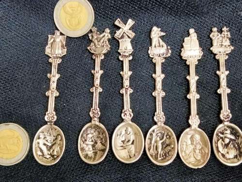6 Salt Spoons +1 Sugar Spoon Silver Plated Raised embossed DUTCH Publican Scenes