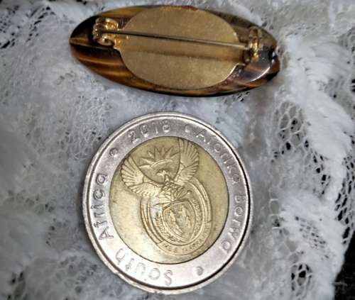 brooch TIGER Eye semi precious gemstone  Gold tone metal look at my Buy Now NO WAITING