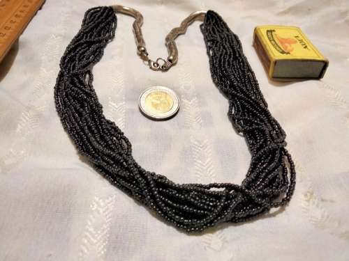 Necklace - IMPRESSIVE BIB 6 strands black glass beads + metal rondel extension silver tone metal