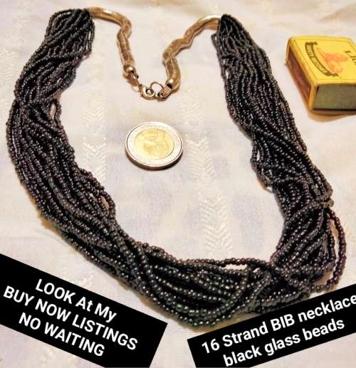 Necklace - IMPRESSIVE BIB 6 strands black glass beads + metal rondel extension silver tone metal