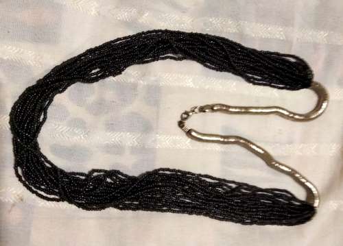 Necklace - IMPRESSIVE BIB 6 strands black glass beads + metal rondel extension silver tone metal