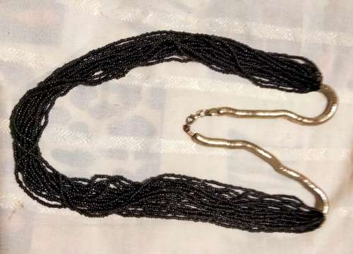 Necklace - IMPRESSIVE BIB 6 strands black glass beads + metal rondel extension silver tone metal