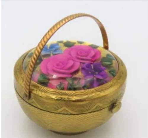 KIGU Basket Bouquet Compact reverse Floral Lucite Brass Repousse Engine turned For Extreme Collector