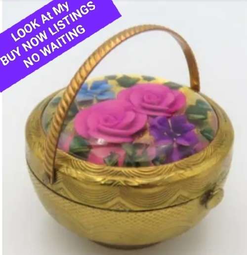 KIGU Basket Bouquet Compact reverse Floral Lucite Brass Repousse Engine turned For Extreme Collector