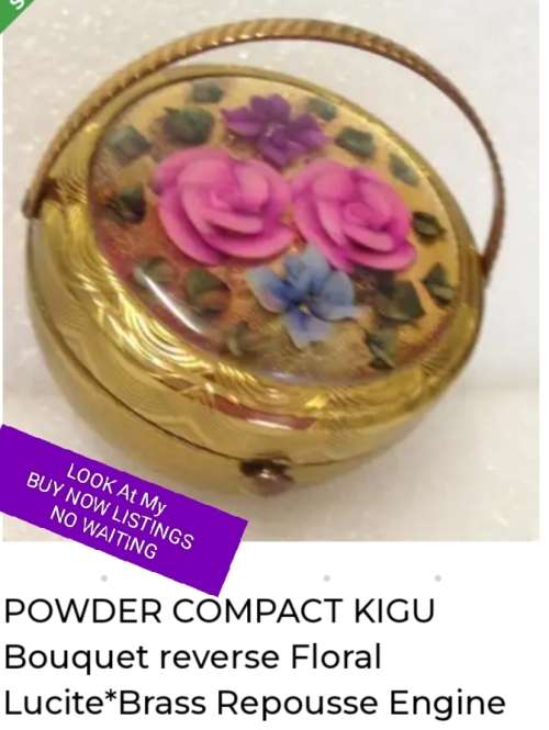 KIGU Basket Bouquet Compact reverse Floral Lucite Brass Repousse Engine turned For Extreme Collector