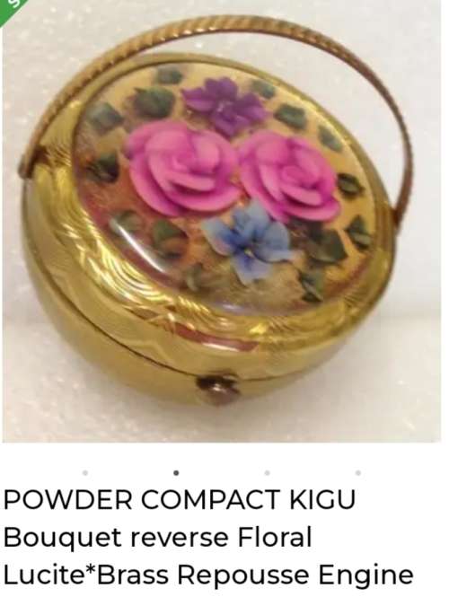 KIGU Basket Bouquet Compact reverse Floral Lucite Brass Repousse Engine turned For Extreme Collector