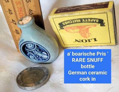 Rare A`boarische Pris Snuff German Salt Glaze Blue Bottle + Cork Small