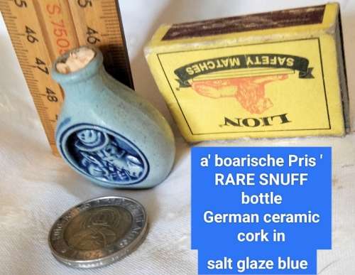Rare A`boarische Pris Snuff German Salt Glaze Blue Bottle + Cork Small