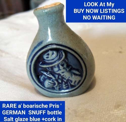 Rare A`boarische Pris Snuff German Salt Glaze Blue Bottle + Cork Small