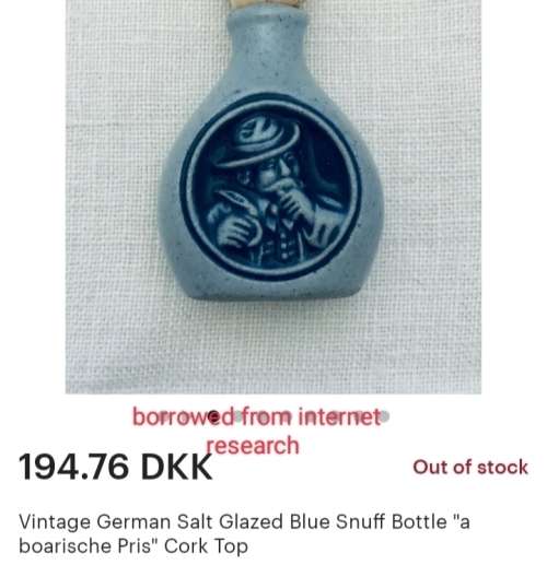 Rare A`boarische Pris Snuff German Salt Glaze Blue Bottle + Cork Small