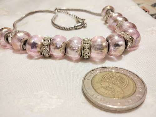 Necklace Pretty Pink Glass beads silver tone chain lobster claspLOOK At MY BUY NOW ltems NO WAITING