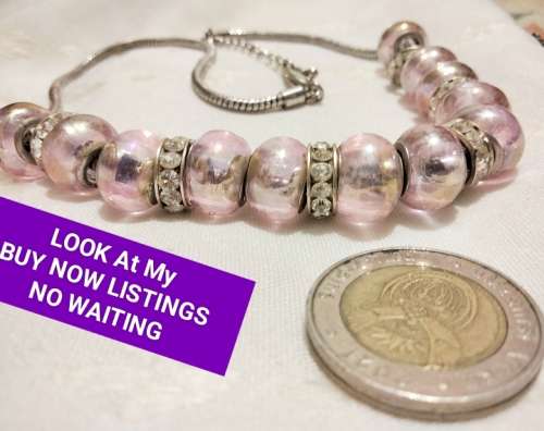 Necklace Pretty Pink Glass beads silver tone chain lobster claspLOOK At MY BUY NOW ltems NO WAITING