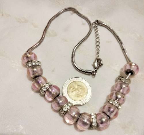 Necklace Pretty Pink Glass beads silver tone chain lobster claspLOOK At MY BUY NOW ltems NO WAITING