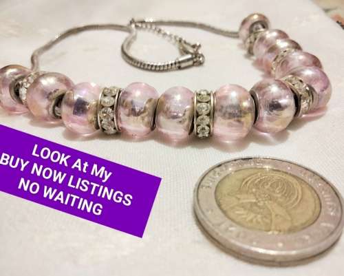 Necklace Pretty Pink Glass beads silver tone chain lobster claspLOOK At MY BUY NOW ltems NO WAITING