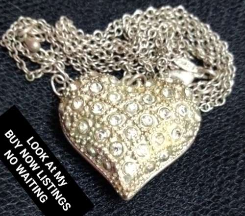 Necklace signed Avon Chain Silver - Gold  Pendant PUFF Heart Masses Crystal - Back Cutout Hearts