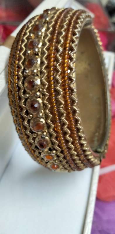 BANGLE  Hinged CLAMPER Large BEADED middle has Orange Crystals LOOK At My BUY NOW ltems NO WAITING