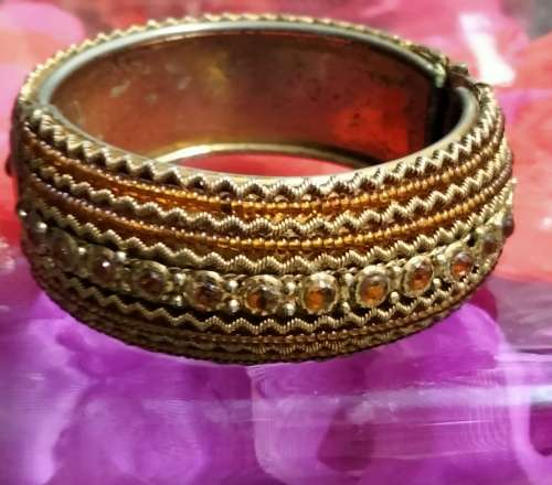BANGLE  Hinged CLAMPER Large BEADED middle has Orange Crystals LOOK At My BUY NOW ltems NO WAITING
