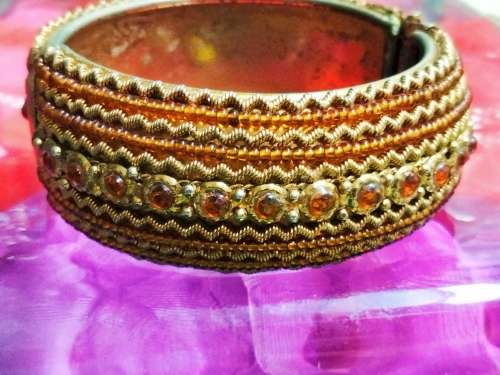BANGLE  Hinged CLAMPER Large BEADED middle has Orange Crystals LOOK At My BUY NOW ltems NO WAITING