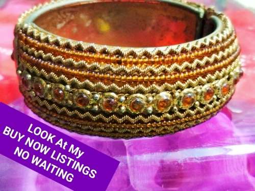 BANGLE  Hinged CLAMPER Large BEADED middle has Orange Crystals LOOK At My BUY NOW ltems NO WAITING