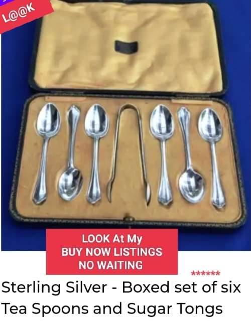 Antique boxed c1926 SHEFFIELD HALLMARKED STERLING SILVER Teaspoons +Sugar Nips 98grams