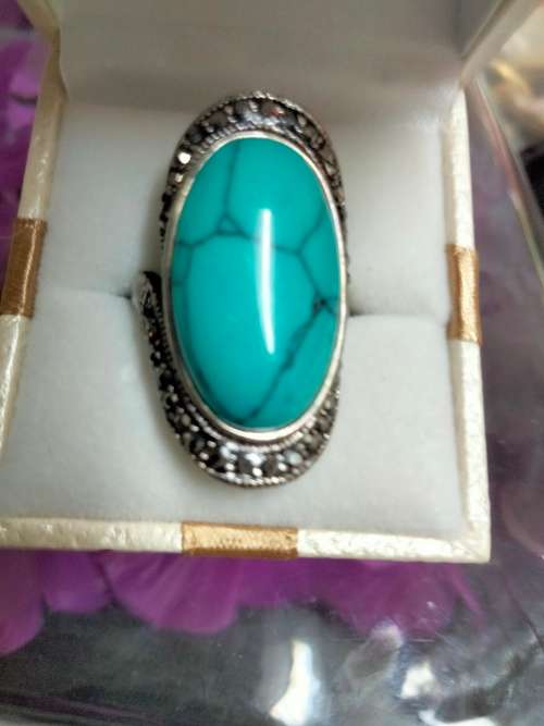 Dress RING -Marcasite style +genuine gemstone dyed Howlite