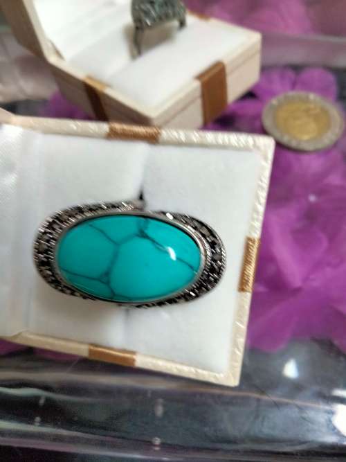 Dress RING -Marcasite style +genuine gemstone dyed Howlite
