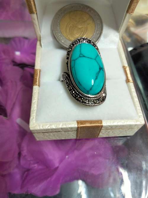 Dress RING -Marcasite style +genuine gemstone dyed Howlite