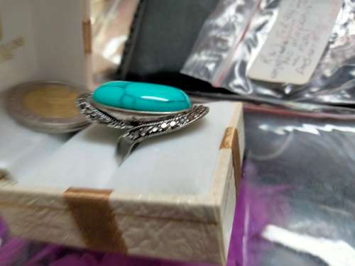 Dress RING -Marcasite style +genuine gemstone dyed Howlite