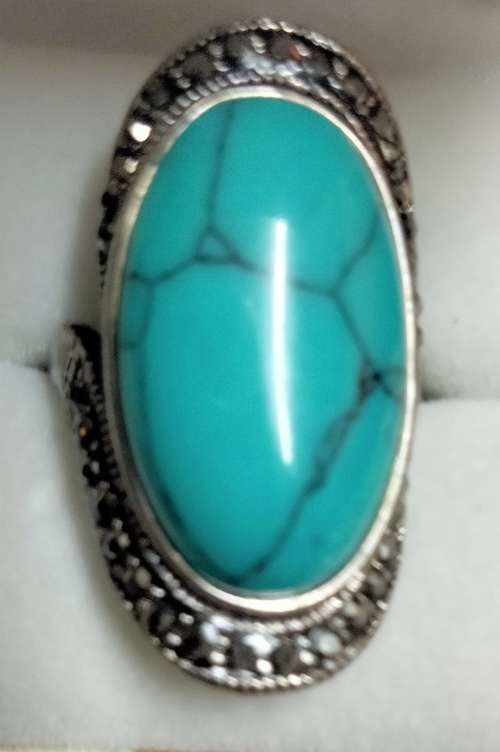 Dress RING -Marcasite style +genuine gemstone dyed Howlite