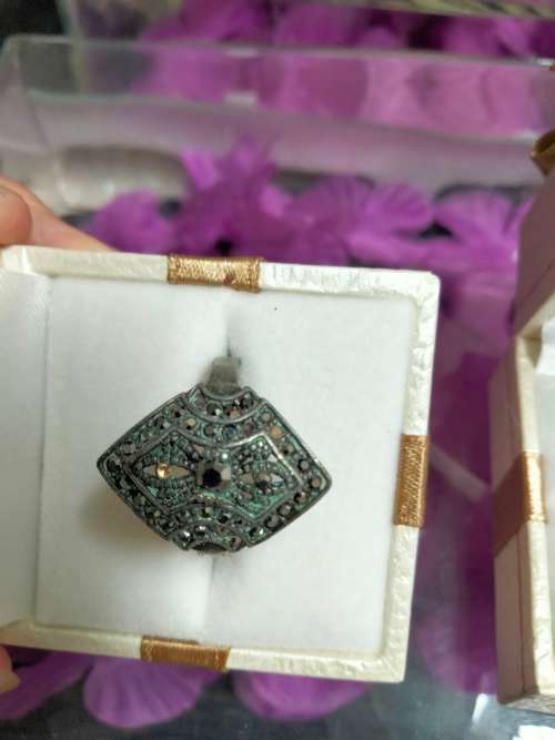 Dress RING Vintage MARCASITE Red? Stone VERDIGRIS Silver tone LOOK At My BUY NOW LISTING NO WAITING
