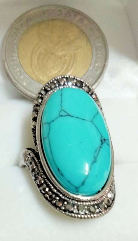 Dress RING -Marcasite style +genuine gemstone dyed Howlite