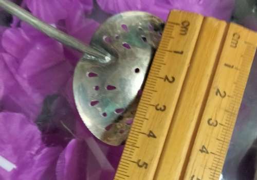 1 Cloverleaf shape Sugar Sifter Plated Spoon  bowl serated edges Cutout multiple shapes Ball finial