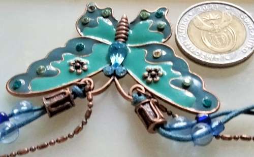 Necklace signed Avon Blue Butterfly enameled Pendant Crystals back copper tone metal duo chain