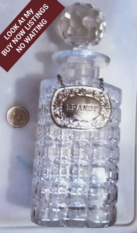 DECANTER VTG Lead Crystal +BRANDY label Silver Plated maker IANTHE-England - ALL for 1 BID