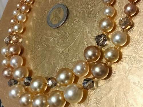 Necklace  - Bib  2 Strand Faceted cut crystal clear+ Faux graduating Pearls gemstone lobster clasp