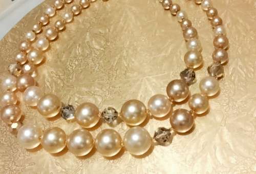 Necklace  - Bib  2 Strand Faceted cut crystal clear+ Faux graduating Pearls gemstone lobster clasp