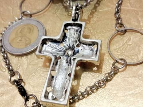 Necklace - Cross  huge central pink crystal chain silver tone has attractive decorative rings