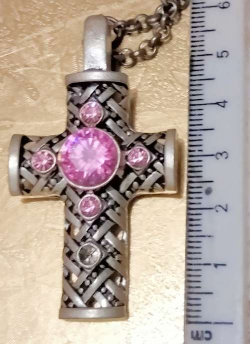 Necklace - Cross  huge central pink crystal chain silver tone has attractive decorative rings
