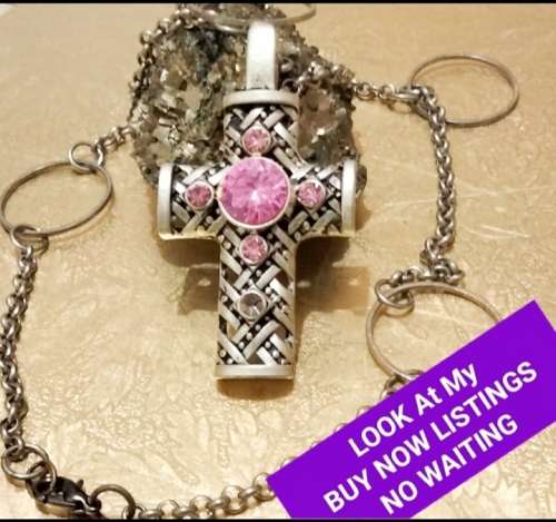 Necklace - Cross  huge central pink crystal chain silver tone has attractive decorative rings