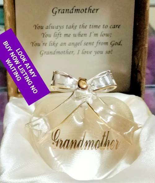 Glass Heart  - Grandmother Sentiment gilt trim Bow +Original box