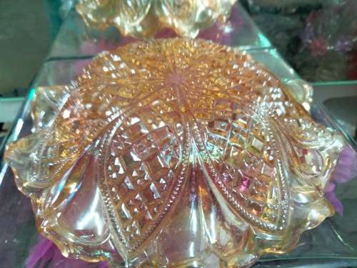 Carnival Glass dish - Frilled scalloped edge* points *Cut Circles  Diamond Pattern Condition perfect