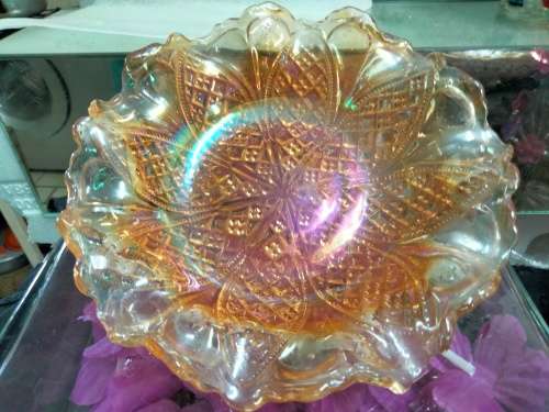 Carnival Glass dish - Frilled scalloped edge* points *Cut Circles  Diamond Pattern Condition perfect