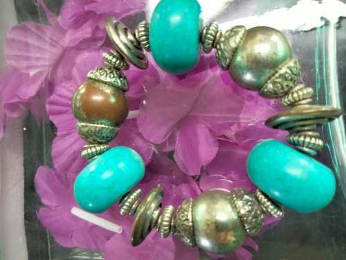 Bracelet - Torquoise Beads Silver Tone big spacers look at my Buy Now listings No Waiting