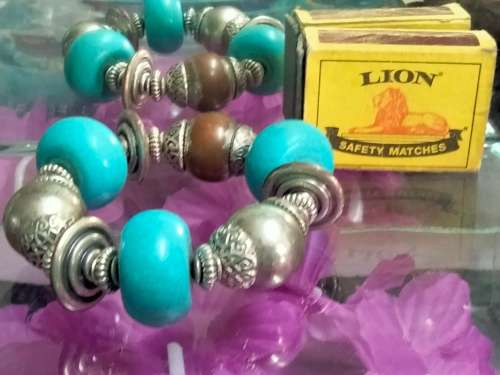 Bracelet - Torquoise Beads Silver Tone big spacers look at my Buy Now listings No Waiting