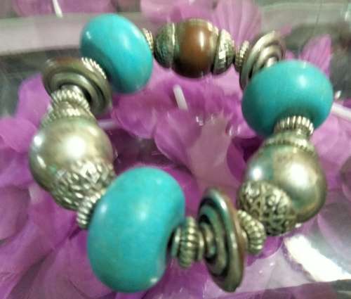 Bracelet - Torquoise Beads Silver Tone big spacers look at my Buy Now listings No Waiting