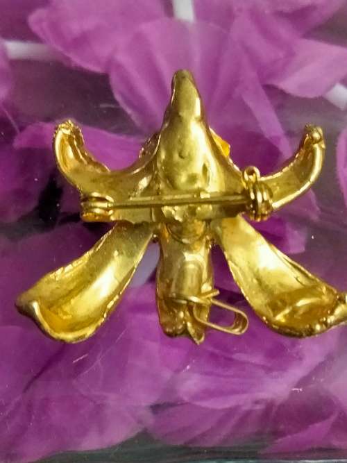ORCHID either Brooch or NECKLACE also has loop for chain Pendant - Gold tone metal