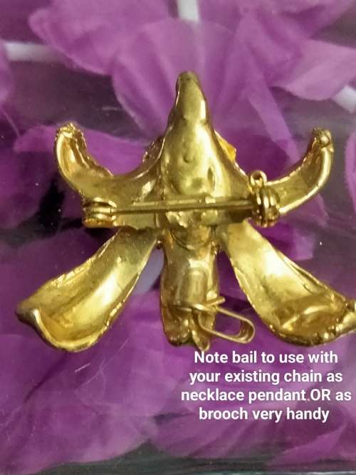 ORCHID either Brooch or NECKLACE also has loop for chain Pendant - Gold tone metal