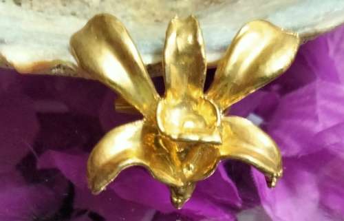 ORCHID either Brooch or NECKLACE also has loop for chain Pendant - Gold tone metal